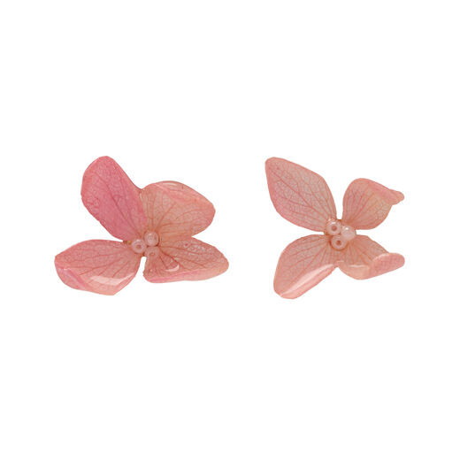 A pair of stud earrings made with real pink hydrangea flowers.
